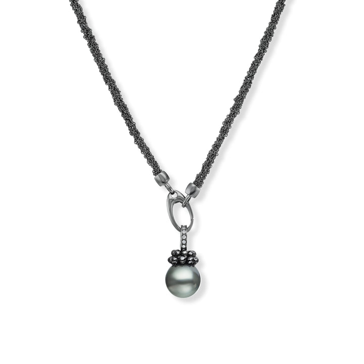 Oxidized Sterling Silver and 18K White Gold Tahitian Pearl & Diamond Pendant Necklace