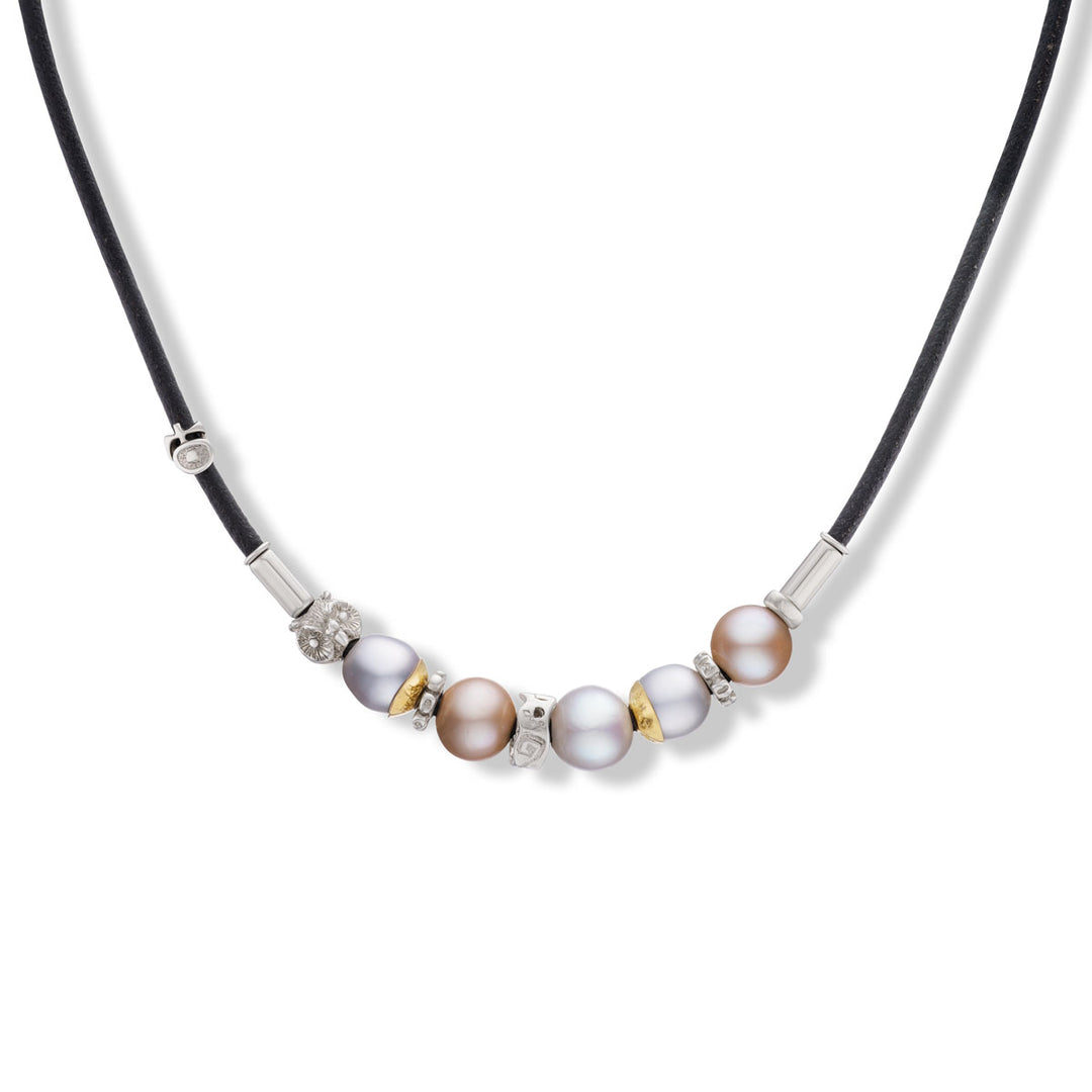 Sterling Silver and 18K Yellow Gold "Aurora" Leather Necklace with Five Freshwater Pearls