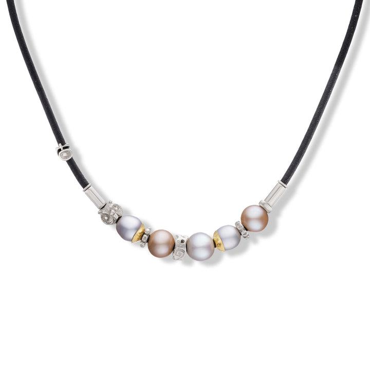 Sterling Silver and 18K Yellow Gold "Aurora" Leather Necklace with Five Freshwater Pearls