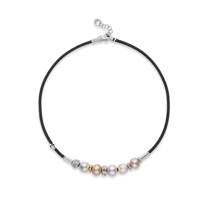 Sterling Silver and 18K Yellow Gold "Aurora" Leather Necklace with Five Freshwater Pearls
