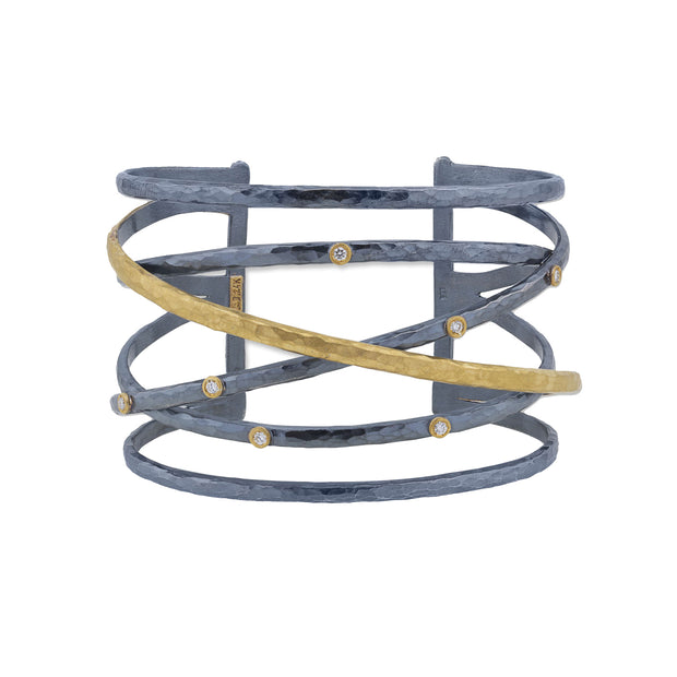 Oxidized Silver and 24K Yellow Gold  "Stockholm Crosswire" Diamond Cuff Bracelet