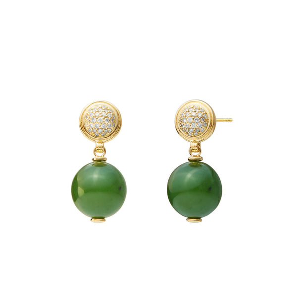 18K Yellow Gold Double Drop Green Jade and Champagne Diamond Earrings