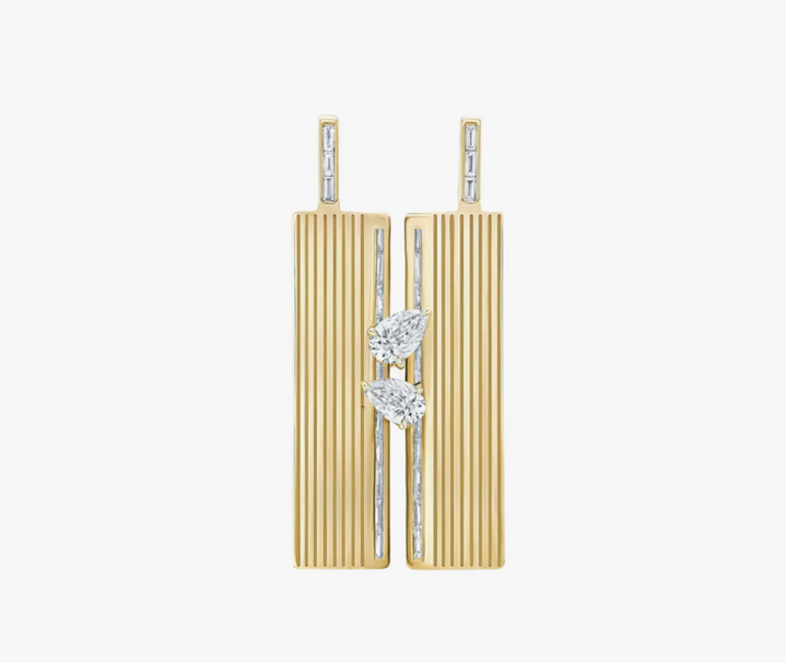 18K Yellow Gold Blade Double Pendant with Pear Shape Diamonds & Baguettes