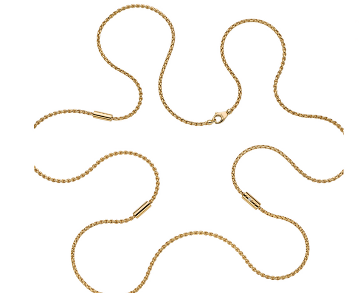 37.5" Necklace of 18K Yellow Gold with 3 gold stations & 1 Round Brilliant Cut Diamond.