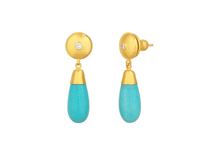 One of a Kind 24K/22K Yellow Gold & Cabochon Sleeping Beauty Turquoise Drop Earrings
