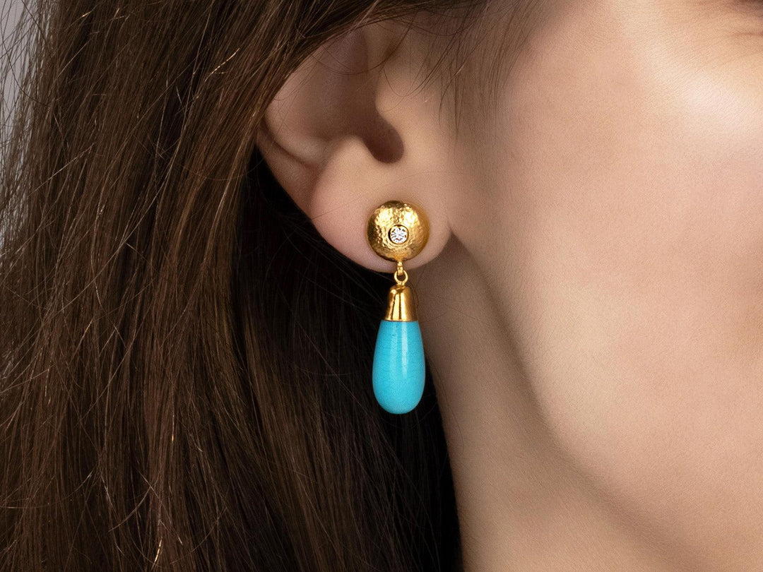 One of a Kind 24K/22K Yellow Gold & Cabochon Sleeping Beauty Turquoise Drop Earrings