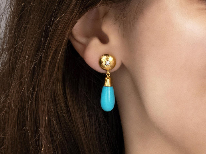 One of a Kind 24K/22K Yellow Gold & Cabochon Sleeping Beauty Turquoise Drop Earrings