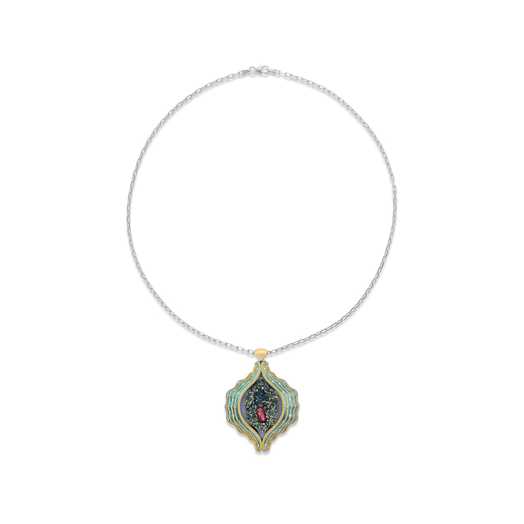 Green Steel and 24K Gold Drusy, Diamond and Ruby Necklace