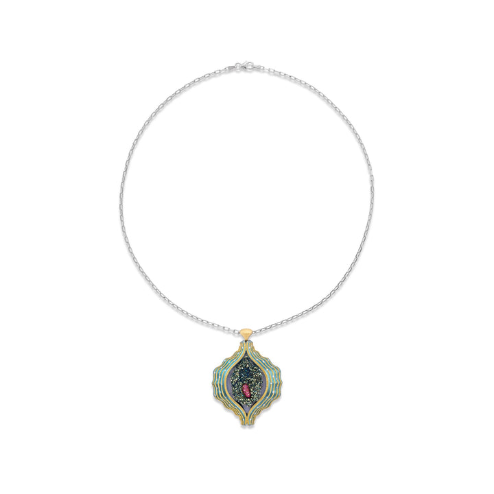 Green Steel and 24K Gold Drusy, Diamond and Ruby Necklace