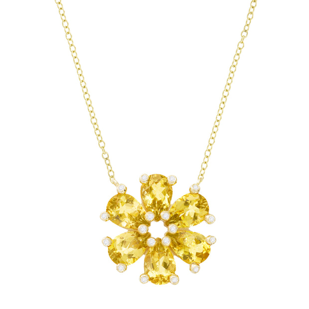 18K Yellow Gold Canary Beryl and Diamond Flower Necklace