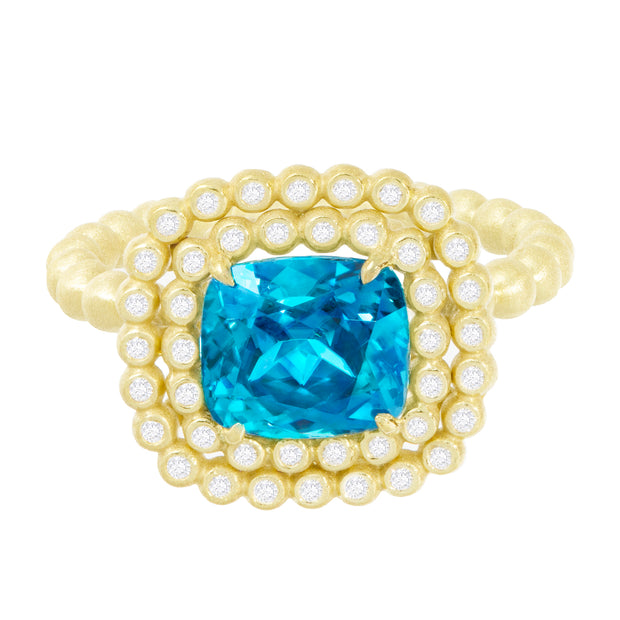 18K Yellow Gold Cushion Blue Zircon and Diamond Cocktail Ring