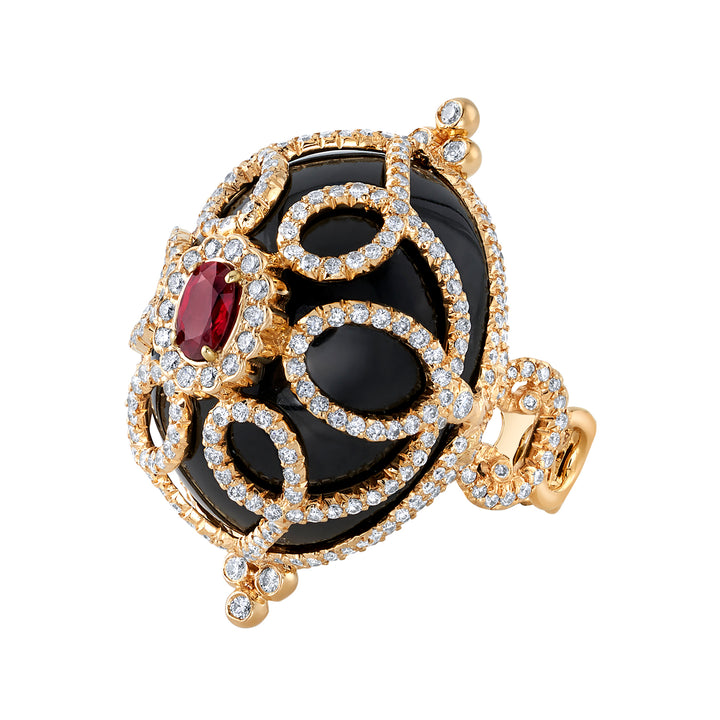 18K Yellow Gold Black Jade, Ruby and Diamond Ring