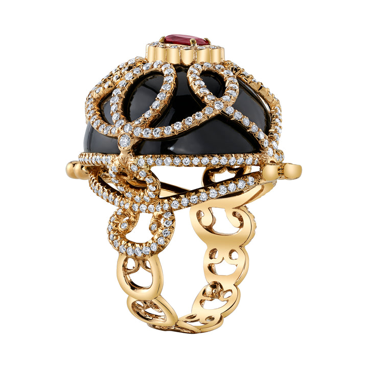 18K Yellow Gold Black Jade, Ruby and Diamond Ring