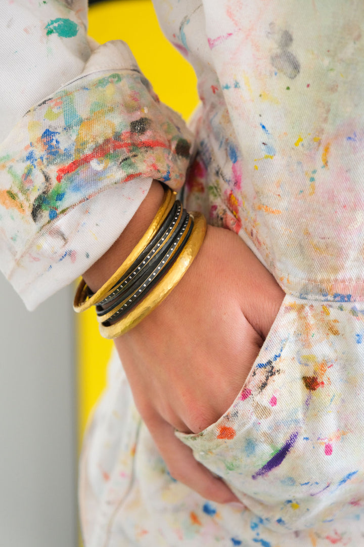 24K Hammered Fusion Yellow Gold & Oxidized Sterling Silver fine "Twist" open cuff with Diamond Bar Detail