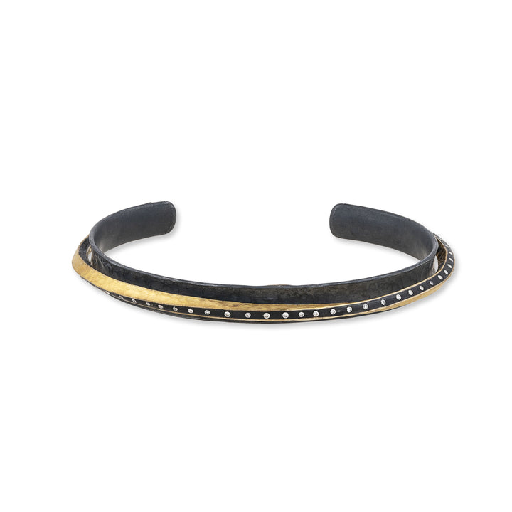 24K Hammered Fusion Yellow Gold & Oxidized Sterling Silver fine "Twist" open cuff with Diamond Bar Detail
