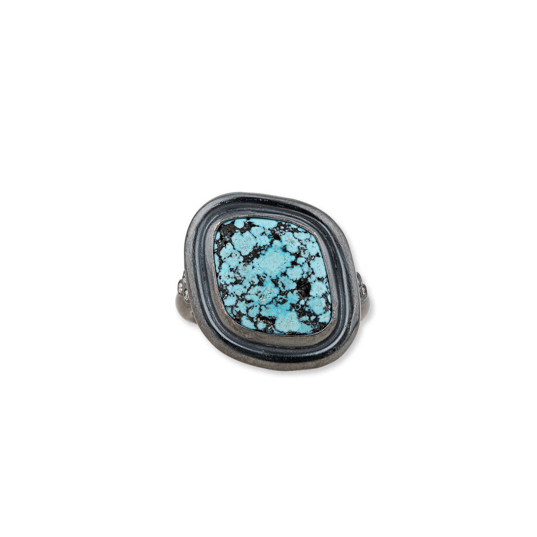 Oxidized Silver, Cabochon Spiderweb Turquoise and Diamond Ring.