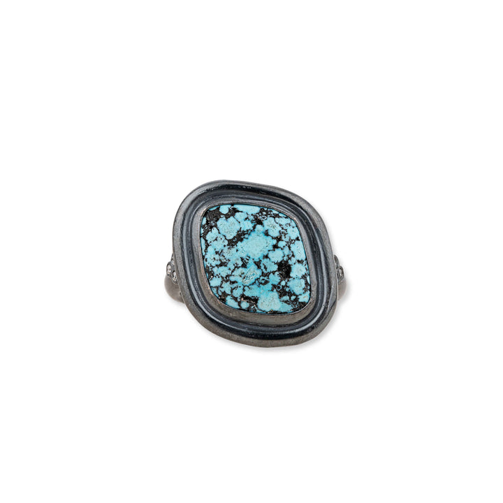 Oxidized Silver, Cabochon Spiderweb Turquoise and Diamond Ring.
