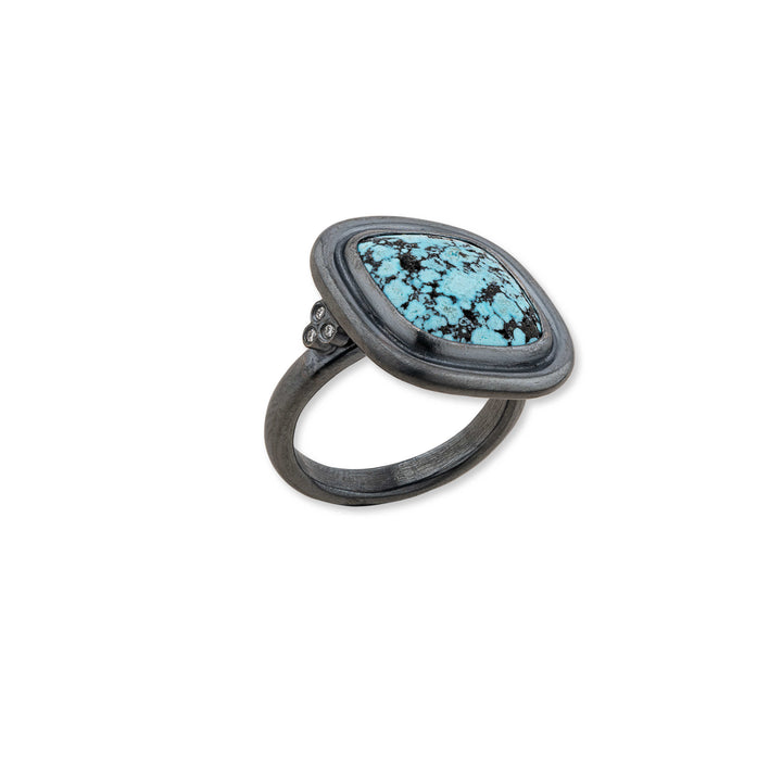 Oxidized Silver, Cabochon Spiderweb Turquoise and Diamond Ring.