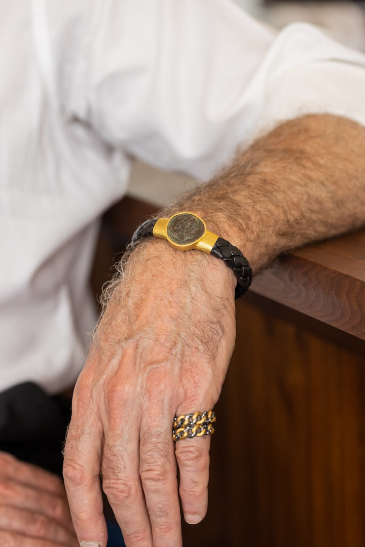 18K Yellow Gold Black Leather Alexander the Great Coin Bracelet
