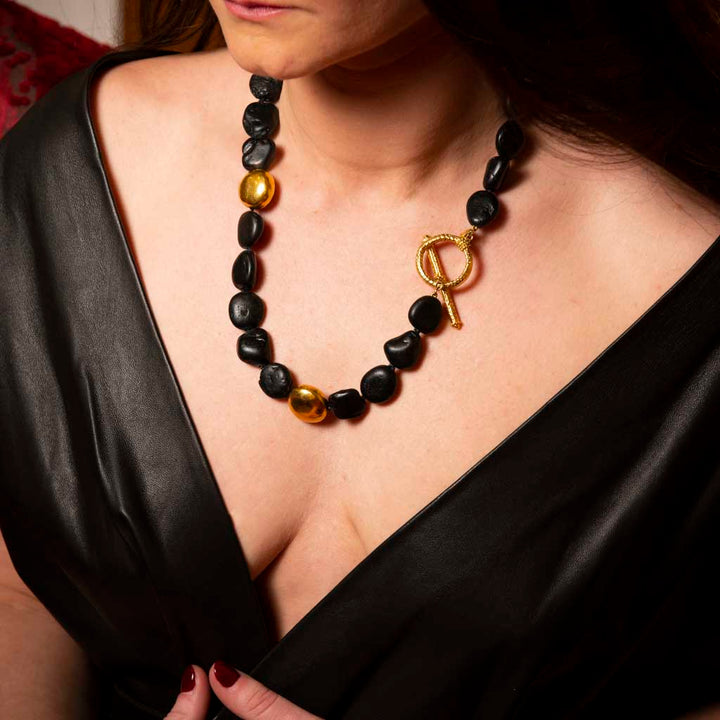 Yellow Gold Black Tourmaline and Gold Bead Necklace Model