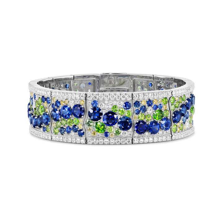 Platinum Sapphire, Demantoid Garnet, Fancy Yellow and White Diamond Bracelet