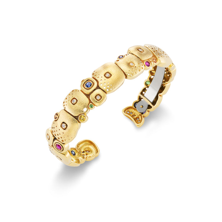 18K Yellow Gold "Little Orchard" Sapphire, Ruby, Tsavorite and Diamond Cuff Bracelet