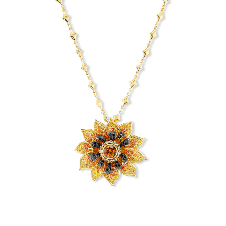 18K Yellow Gold Montana Sapphire, Colored Sapphire, Black Diamond, and Cognac Diamond Pendant