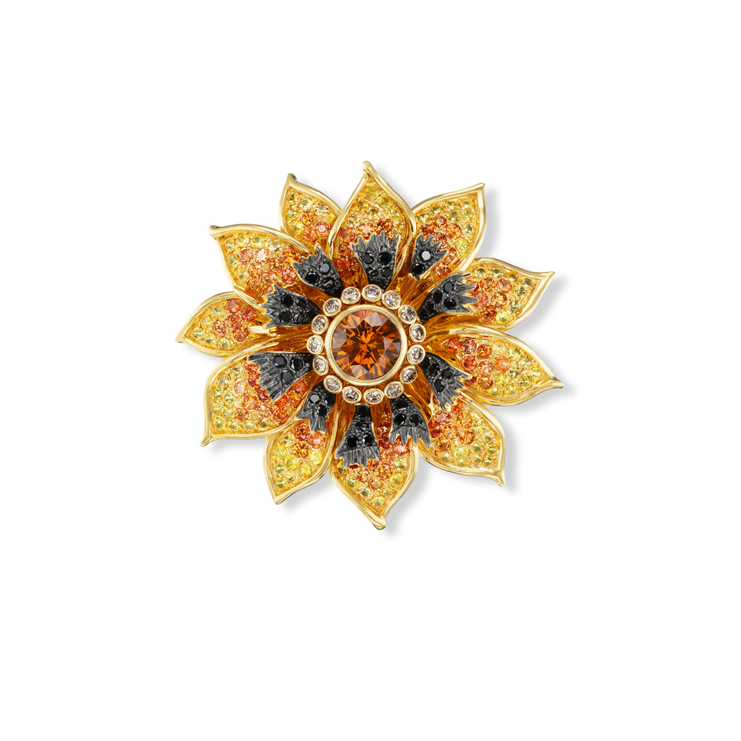 18K Yellow Gold Montana Sapphire, Colored Sapphire, Black Diamond, and Cognac Diamond Pendant