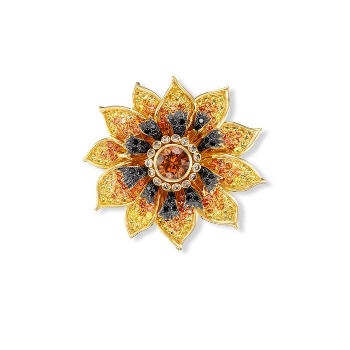 18K Yellow Gold Montana Sapphire, Colored Sapphire, Black Diamond, and Cognac Diamond Pendant