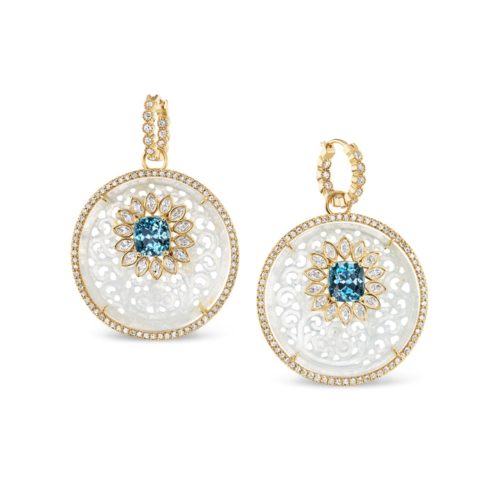 18K Yellow Gold Ice Jade and Blue Zircon Diamond Earrings