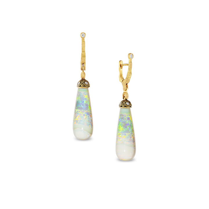 18K Yellow Gold Sticks and Stones Australian Opal and Diamond Earrings