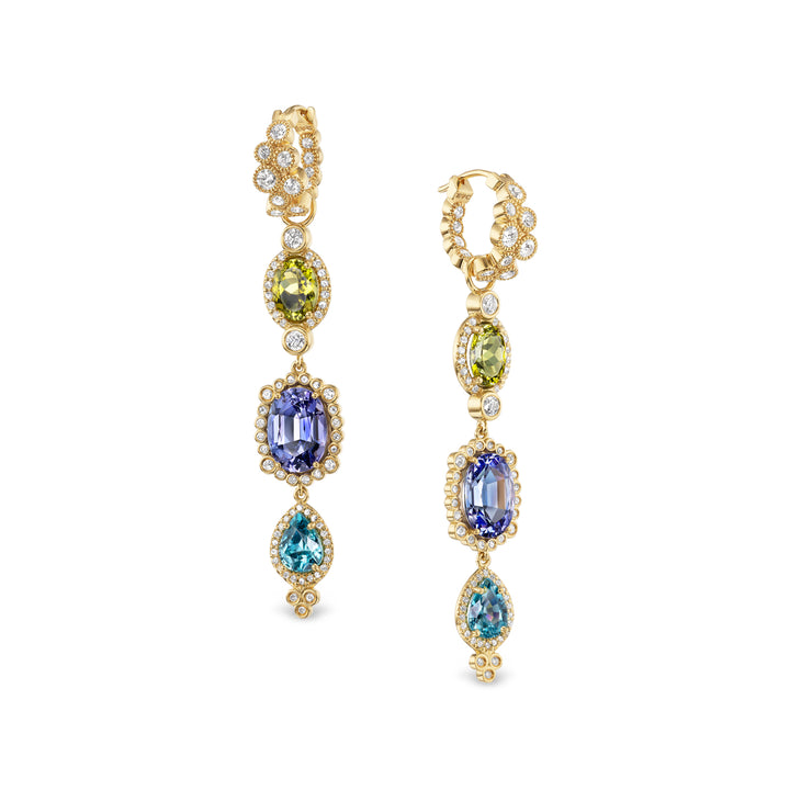 18K Yellow Gold Canary Tourmaline, Lavender Tanzanite, Blue Zircon and Diamond Drop Earrings