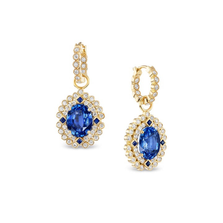 18K Yellow Gold,  Oval Blue Sapphire and Diamond Drop Earrings