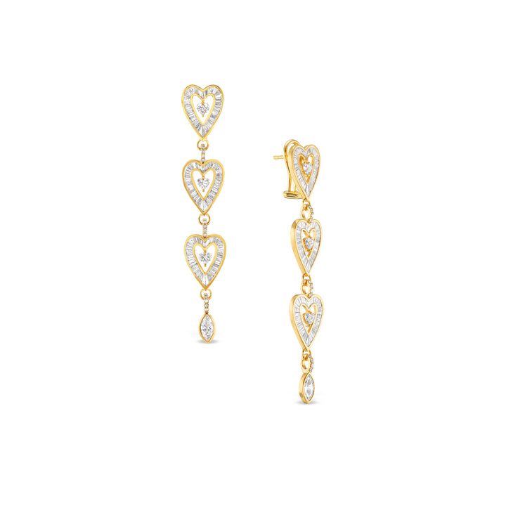 20K Yellow Gold & Diamonds Long Heart Drop Earrings