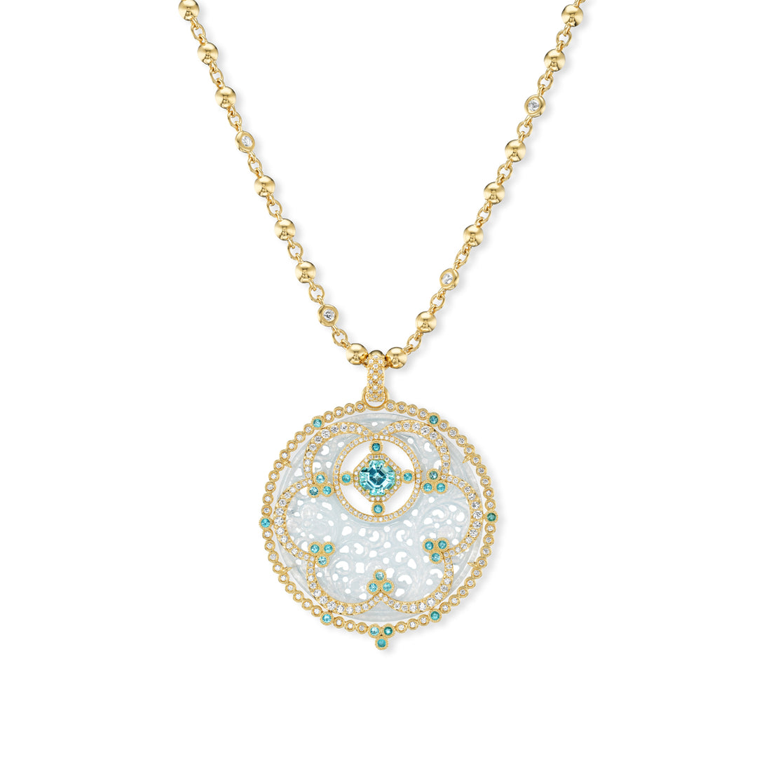 18K Yellow Gold Ice Jade and Paraiba Tourmaline Pendant