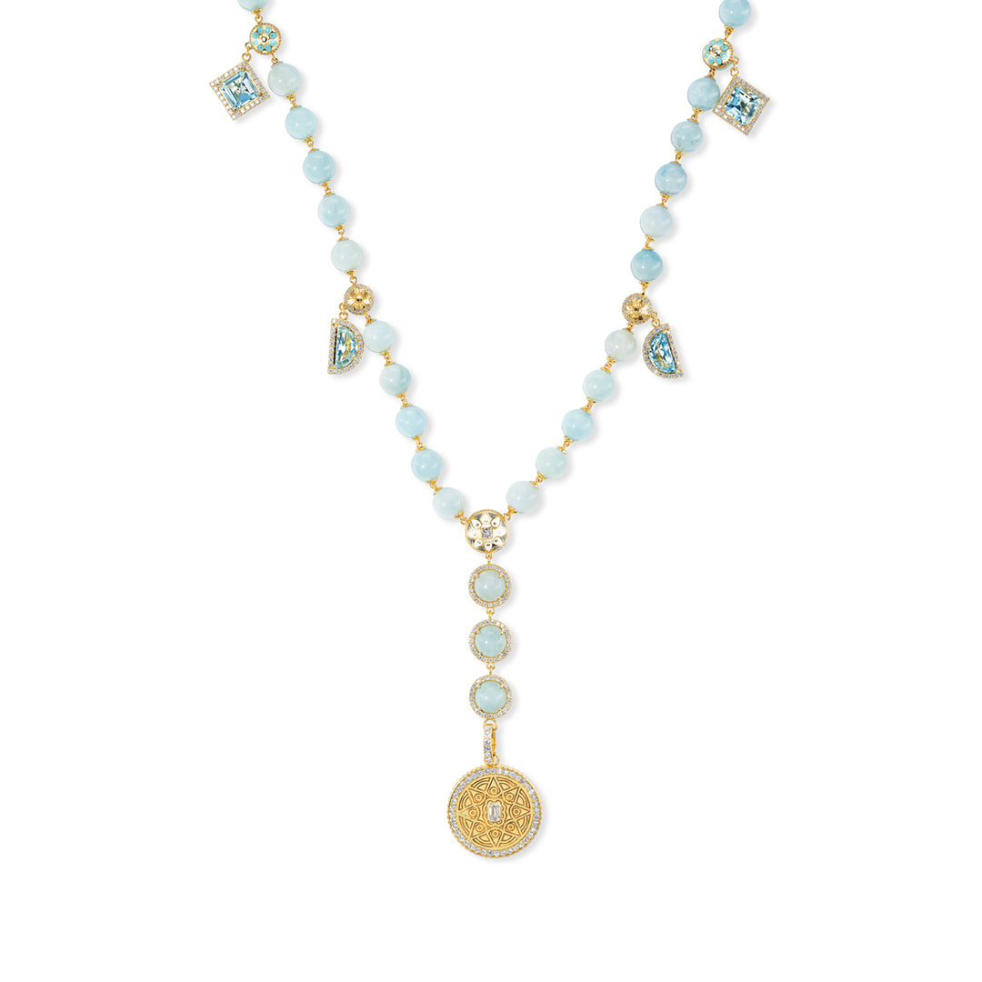 20K Yellow Gold Mandala Aquamarine and Diamond Necklace