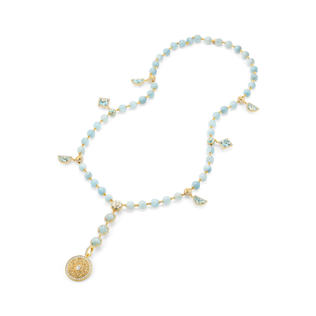 20K Yellow Gold Mandala Aquamarine and Diamond Necklace