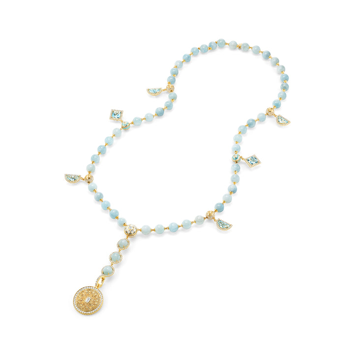 20K Yellow Gold Mandala Aquamarine and Diamond Necklace