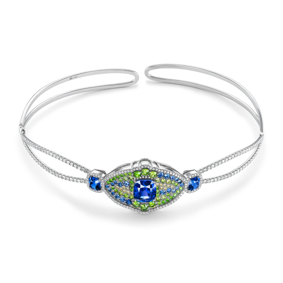 Platinum Sapphire, Demantoid Garnet, Fancy Yellow and White Diamond Choker Necklace