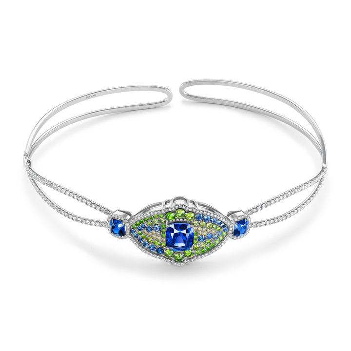Platinum Sapphire, Demantoid Garnet, Fancy Yellow and White Diamond Choker Necklace