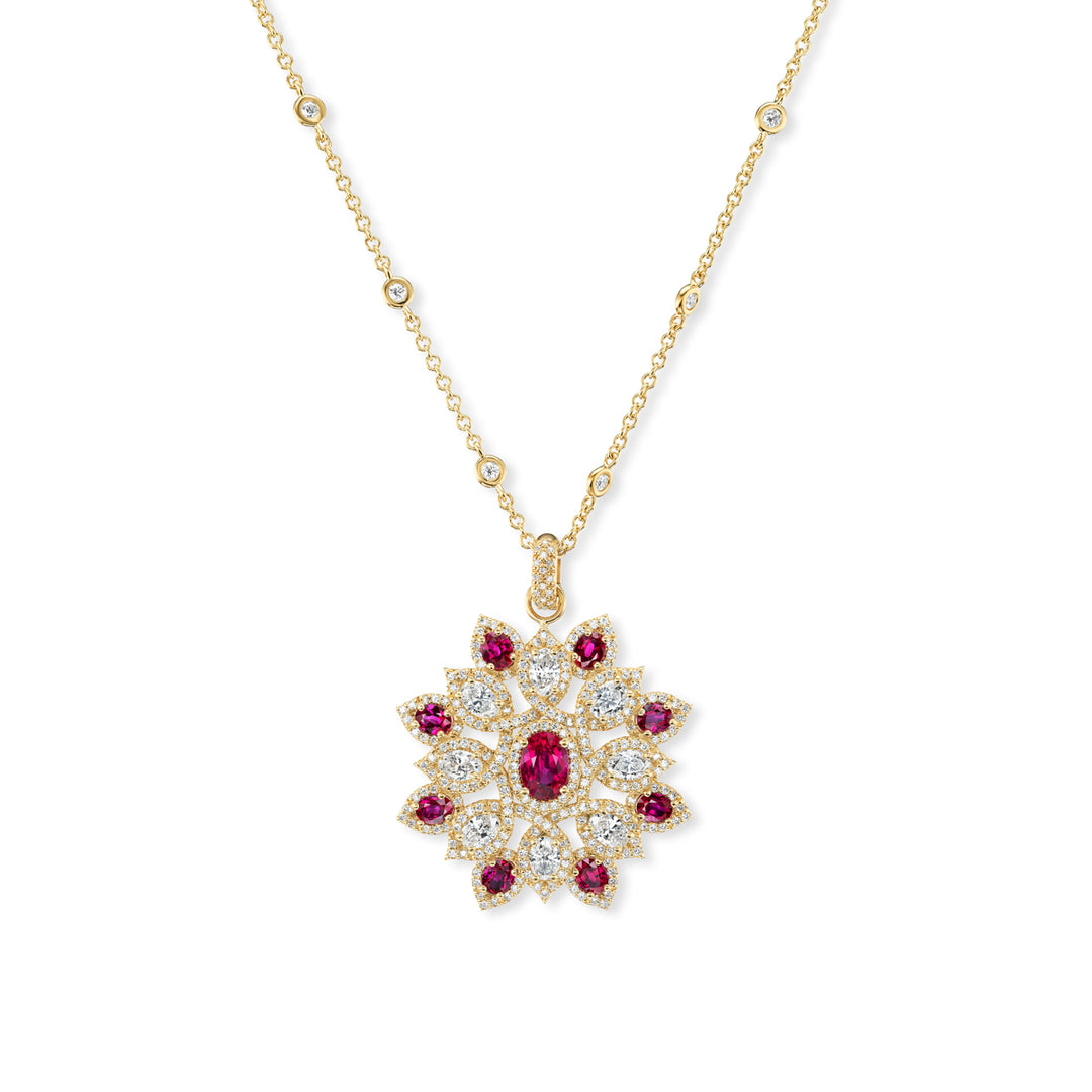 18K Yellow Gold Ruby and Diamond Flower Pendant