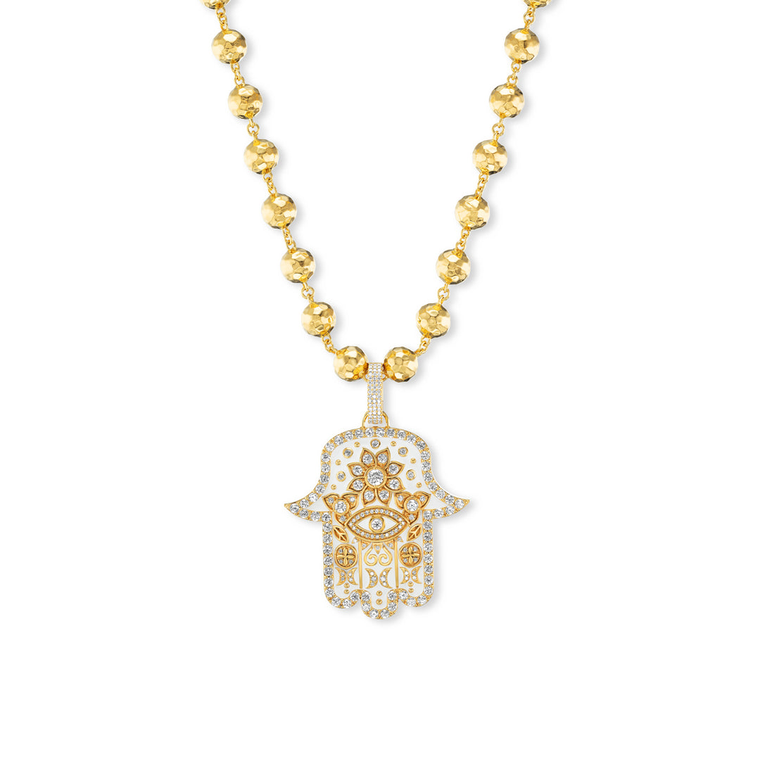 20K Yellow Gold, Diamond and White Enamel Medium Hamsa Pendant