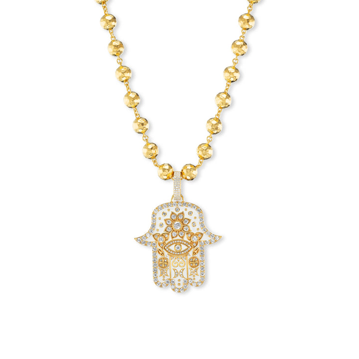 20K Yellow Gold, Diamond and White Enamel Medium Hamsa Pendant