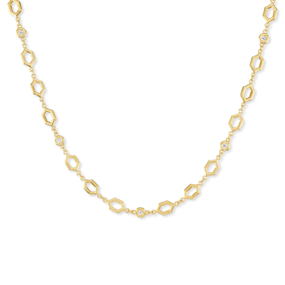 18K Yellow Gold Large Hexagon and Diamond Bezel Necklace