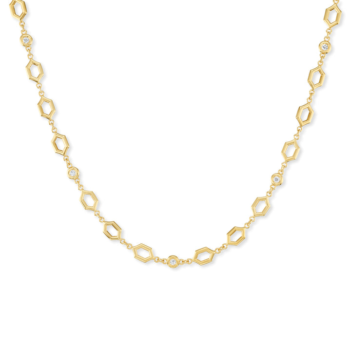 18K Yellow Gold Large Hexagon and Diamond Bezel Necklace