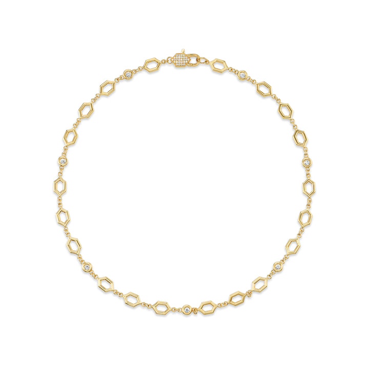 18K Yellow Gold Large Hexagon and Diamond Bezel Necklace