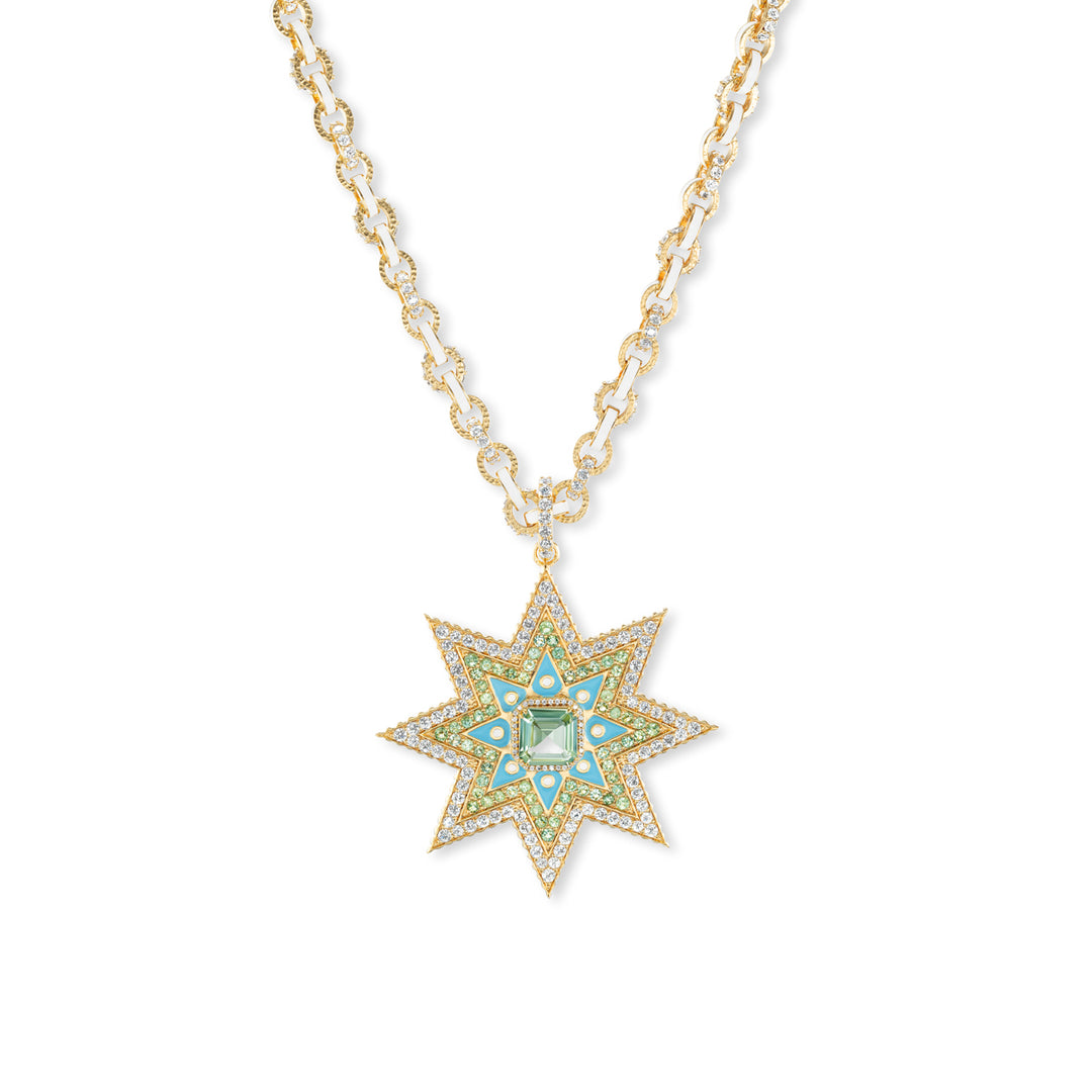20K Yellow Gold Star Pendant with Mint Green Tourmaline, Diamonds & Sky Blue Enamel
