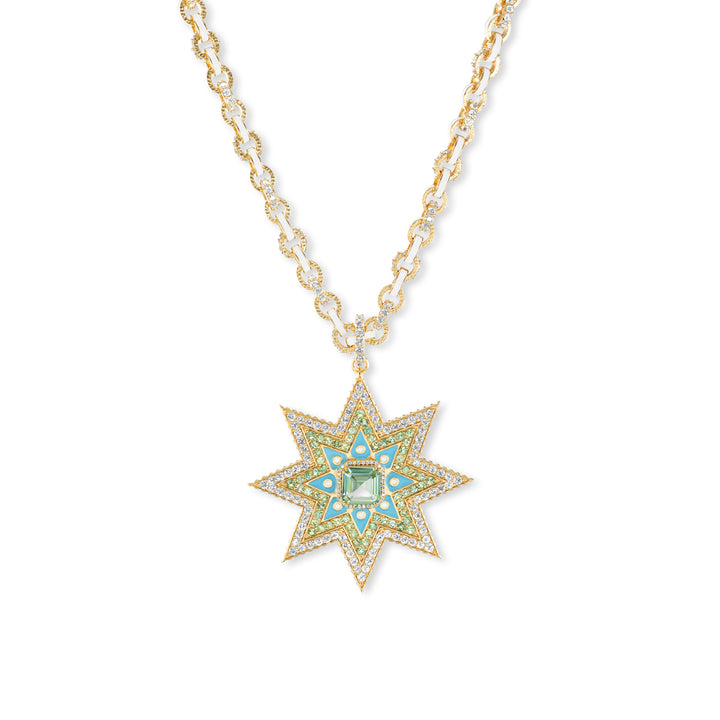 20K Yellow Gold Star Pendant with Mint Green Tourmaline, Diamonds & Sky Blue Enamel