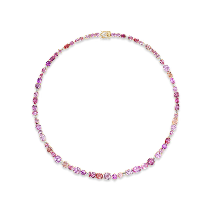 18K Yellow Gold Padparadscha Sapphire Multi Shaped Tennis Necklace