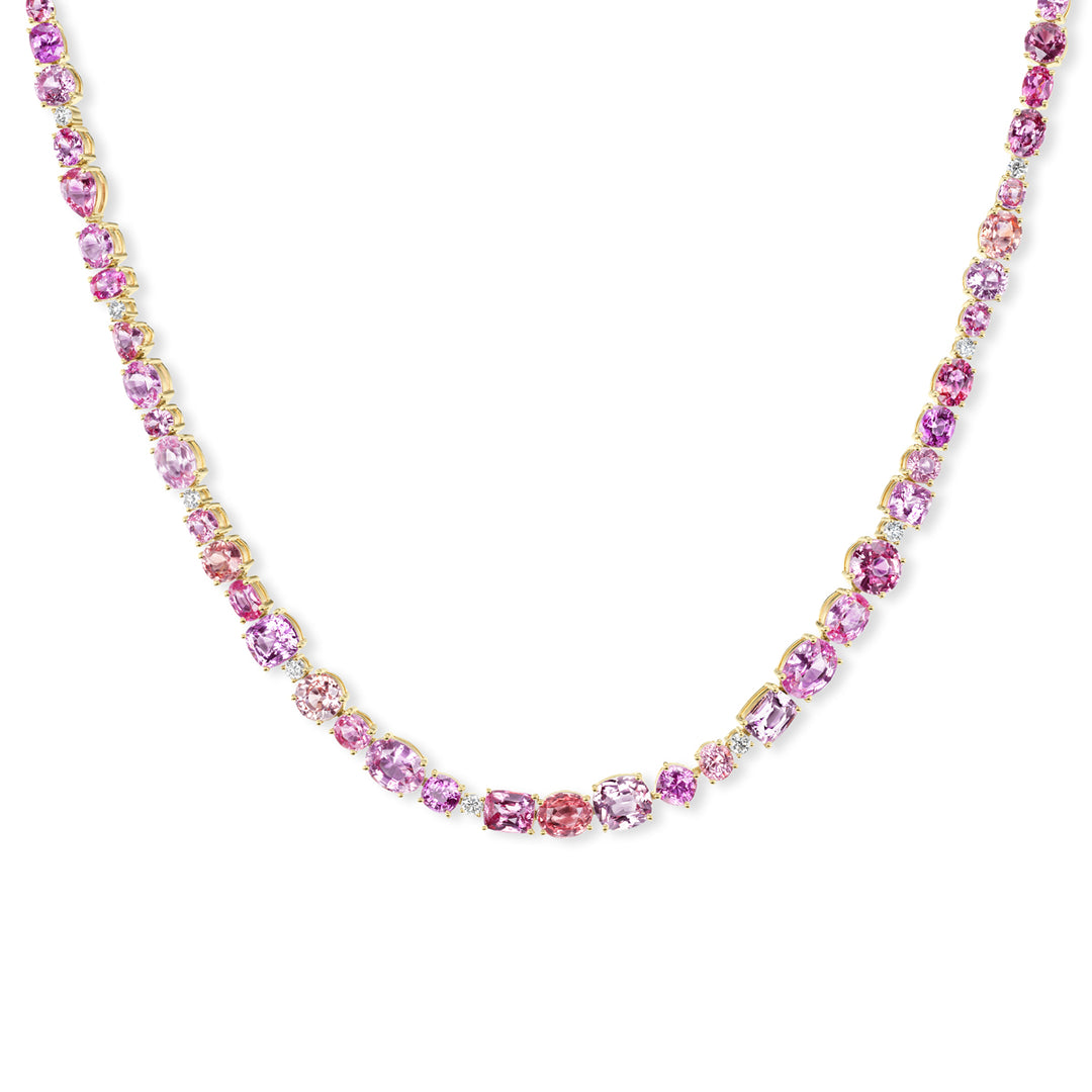 18K Yellow Gold Padparadscha Sapphire Multi Shaped Tennis Necklace